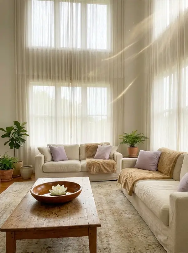 A calm, light filled living room