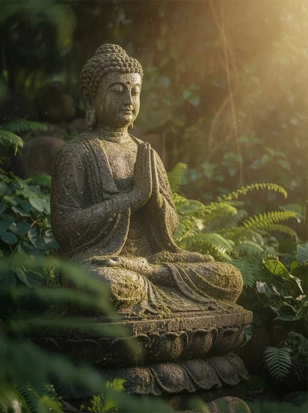 A woman meditating on the grass before an ancient stupa