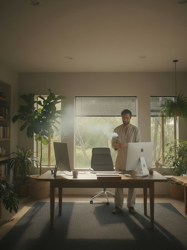 A quiet office at dusk