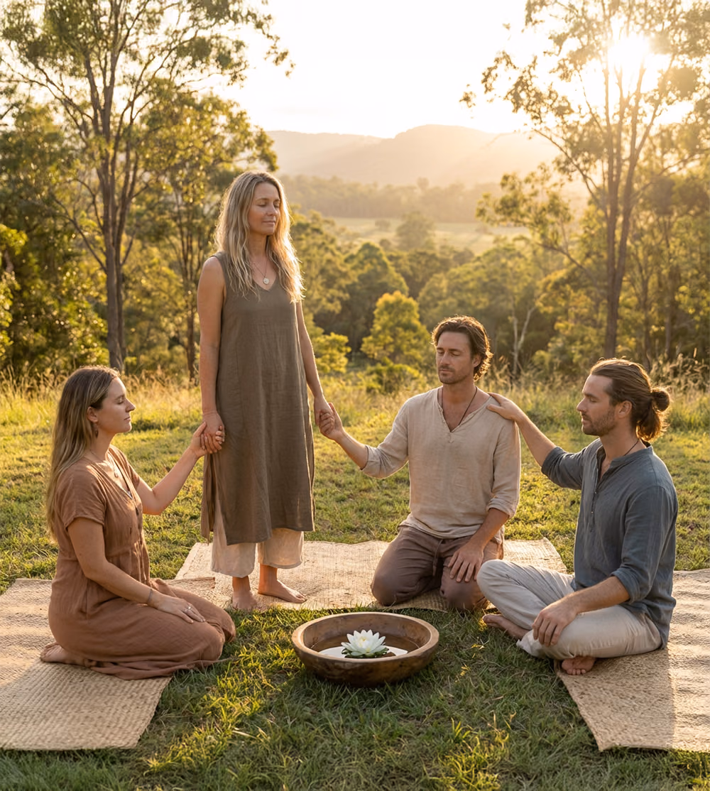 A group holding hands in a field at golden hour