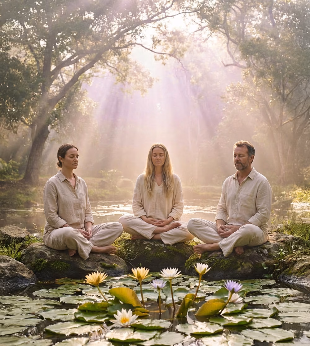 Four people meditating beside a misty lily pond