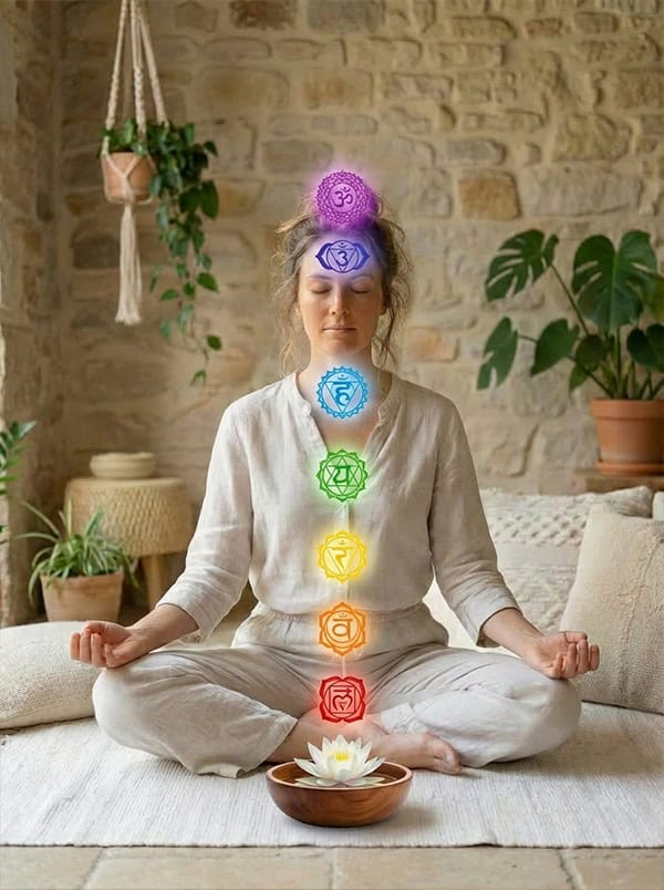 A woman in meditation with the seven centers illuminated