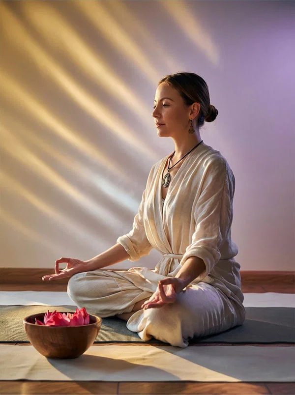 A woman in meditation in a sunlit room