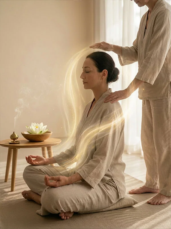 Hands held above a seated person during a session