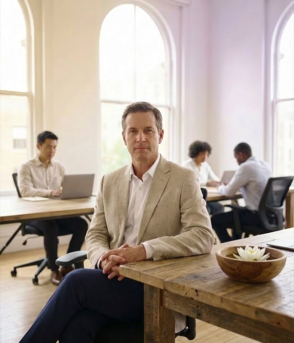 A leader sitting calmly in a bright modern office