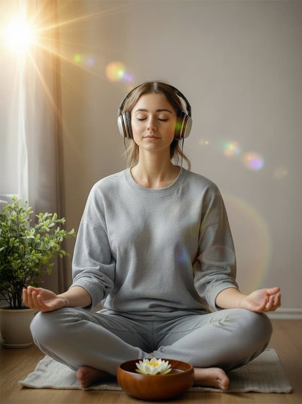 A woman listening to a guided meditation