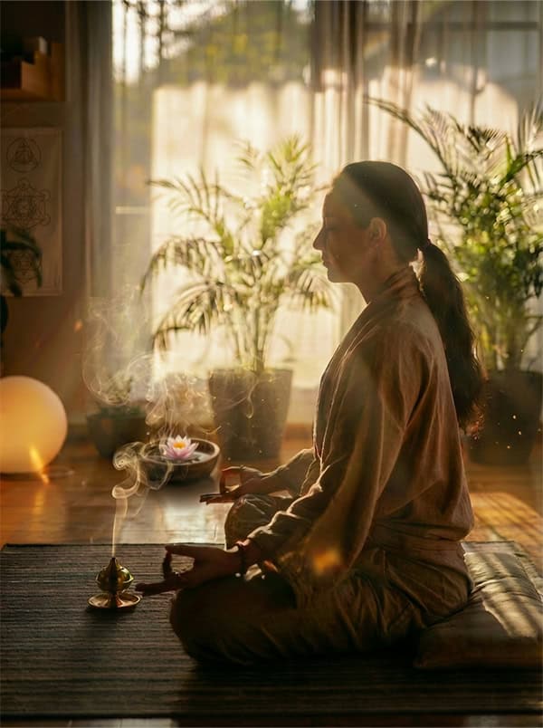 A woman settling into a quiet room by candlelight