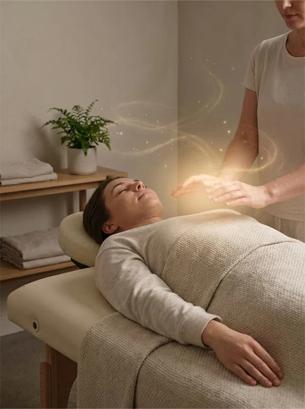 Hands held above a person resting during a healing session