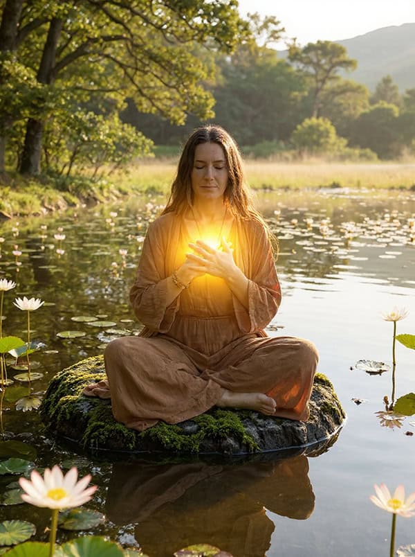 A woman meditating on a lily pond at dawn